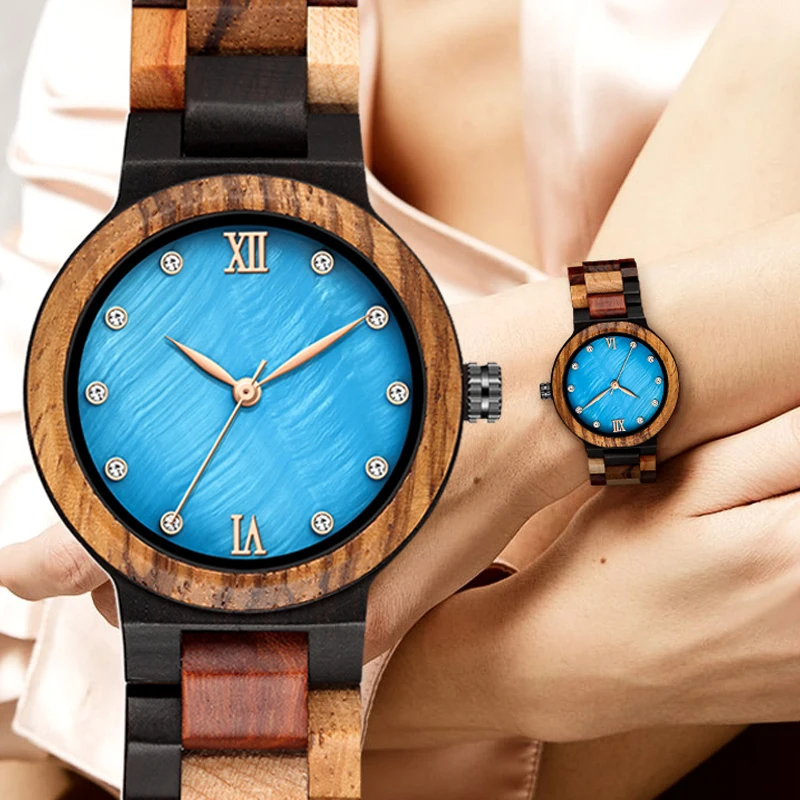 Jedinstveni Сапфирово-plavi drveni satovi, ručni rad s punim drvenim remenom Quartz satovi Ženski satovi satovi za haljine Reloj Mujer Slika  0