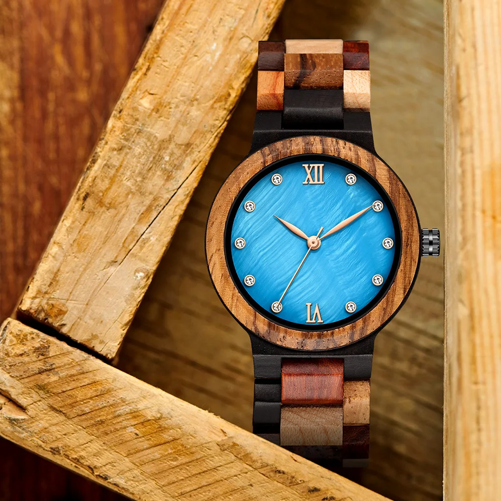 Jedinstveni Сапфирово-plavi drveni satovi, ručni rad s punim drvenim remenom Quartz satovi Ženski satovi satovi za haljine Reloj Mujer Slika  2