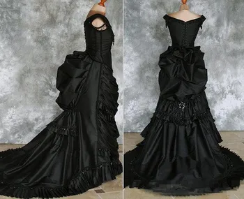 Vezeni beaded haljina od taft u gotičkom viktorijanskom stilu s vlakom Bal vampira Halloween Maskenbal Crna vjenčanica Steampunk Gotička 19-og