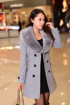 Ženski kaput s ovratnikom od umjetnog krzna, običan тренчи, ženske tanke двубортные vunene jakne, kapute, Nova jesensko-zimska ženska gornja odjeća 5Xl