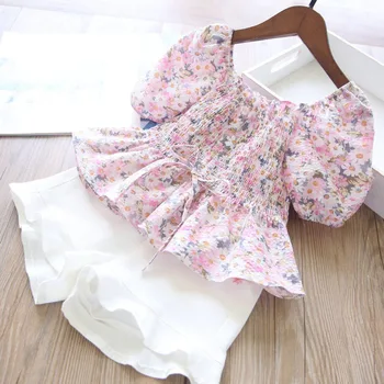 Ljetni kompleti odjeće za djevojčice Svjež stil Elastična struk Cvijeta bluza +Hlače s vezom 2 kom. Dječje dječje odjeće Odijelo