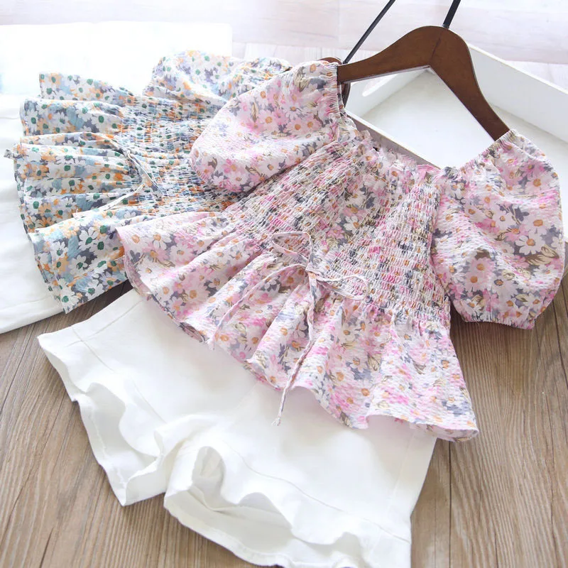 Ljetni kompleti odjeće za djevojčice Svjež stil Elastična struk Cvijeta bluza +Hlače s vezom 2 kom. Dječje dječje odjeće Odijelo Slika  3
