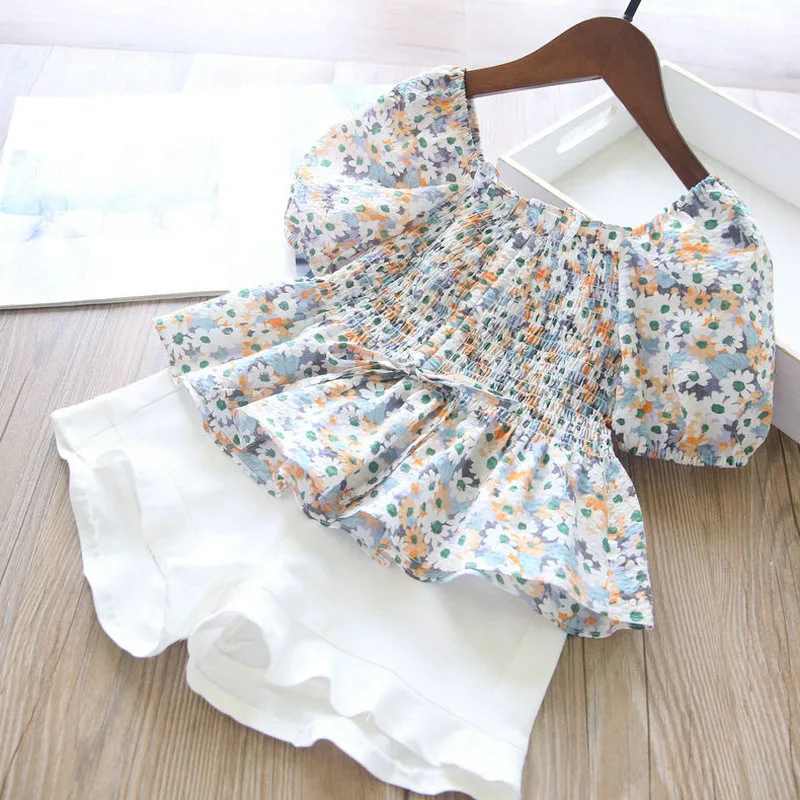 Ljetni kompleti odjeće za djevojčice Svjež stil Elastična struk Cvijeta bluza +Hlače s vezom 2 kom. Dječje dječje odjeće Odijelo Slika  5