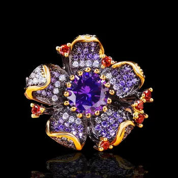 Srebro prsten 925 sterling za žene Jedinstveno donje prsten od crnog zlata u obliku cvijeta Ljubičice cirkon Sjajni nakit Elegantan lanac za veste