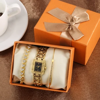 Ručni sat s браслетом za žene Luksuzni Zlatni Kvarcni Sat sa kristalima Poklon Set Jednostavne Elegantne ženske satove Reloj De Mujer