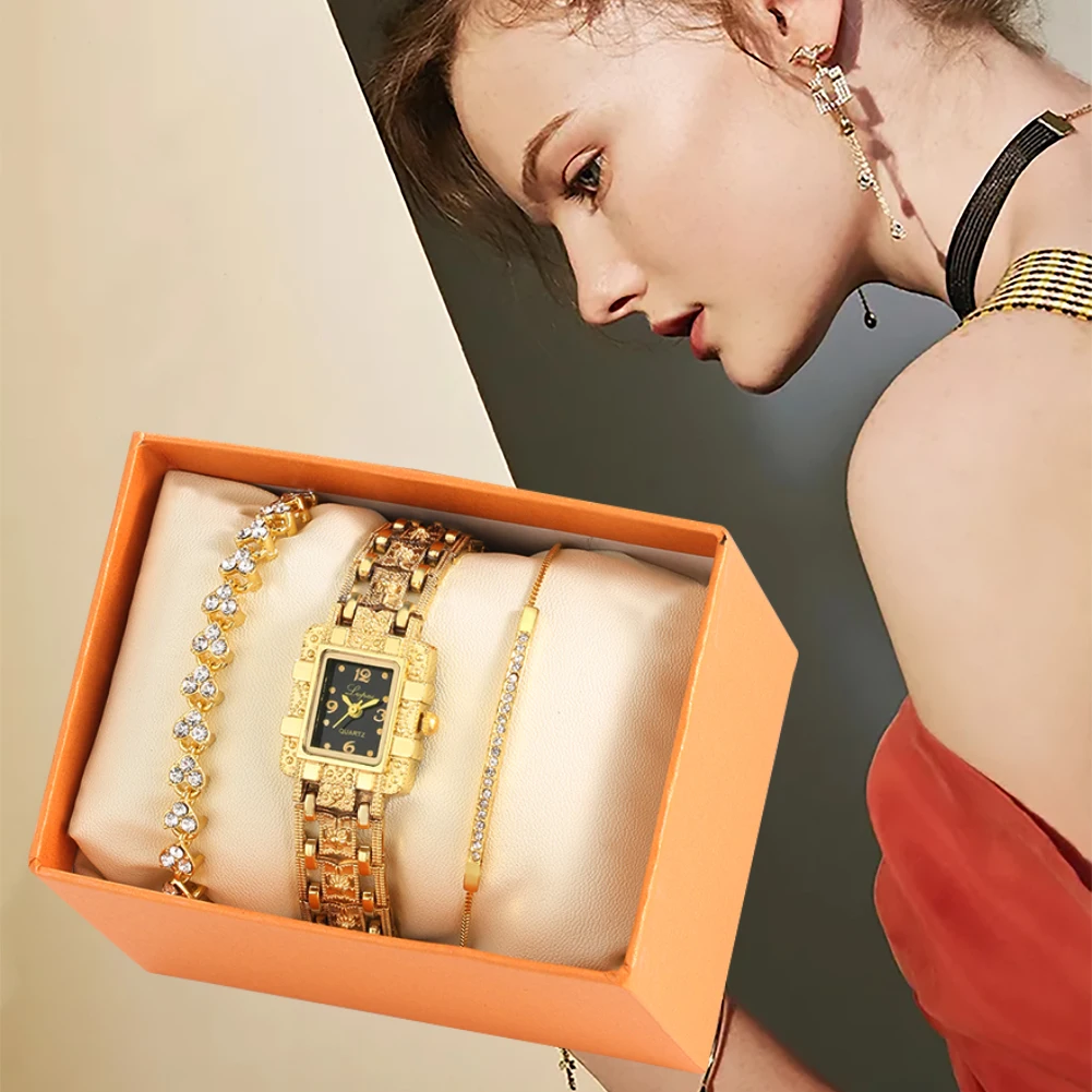 Ručni sat s браслетом za žene Luksuzni Zlatni Kvarcni Sat sa kristalima Poklon Set Jednostavne Elegantne ženske satove Reloj De Mujer Slika  3