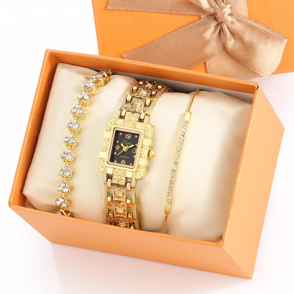 Ručni sat s браслетом za žene Luksuzni Zlatni Kvarcni Sat sa kristalima Poklon Set Jednostavne Elegantne ženske satove Reloj De Mujer Slika  4