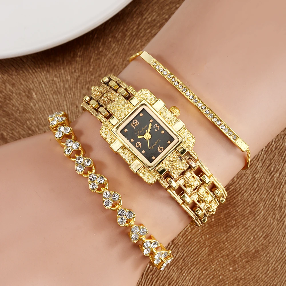 Ručni sat s браслетом za žene Luksuzni Zlatni Kvarcni Sat sa kristalima Poklon Set Jednostavne Elegantne ženske satove Reloj De Mujer Slika  5