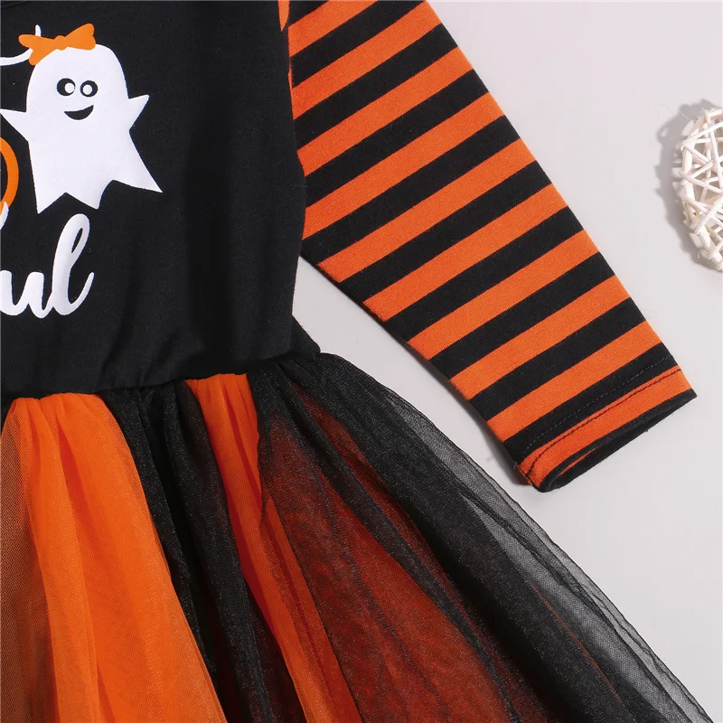 Dječja haljina za djevojčice Halloween Pismo po cijeloj površini tijela s okruglog izreza i dugih rukava za ljeto Jesen Narančasta 2-7 godina Slika  3