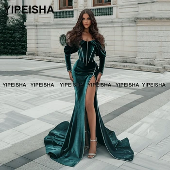 Yipeisha Velur večernje haljine s dugim rukavima Saudijska Arabija Plavo baršunasto haljina Sirena za prom s bočnim prorezom Kristali Smještaj za večernja haljina