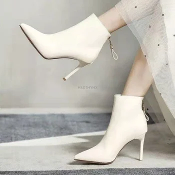 2022 Ženske čizme za Trendy čizme na tankim visokim potpeticama, seksi cipele na munje s oštrim vrhom, jesensko-zimski ženske cipele, bijele čizme