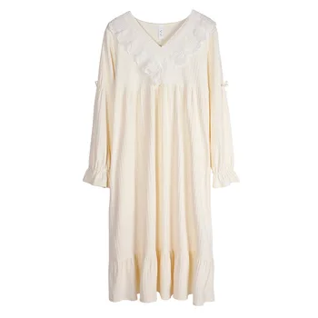 Slatka ženska spavaćica u palači stilu Duga noćna košulja Proljeće i Jesen dugi rukav cvjetne čipke пижама Noći Slobodno kućni Plus Size haljina