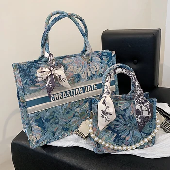 SWDF Novi Luksuzni Cvijeće Dizajnersku torbu-тоут za žene 2022 Dama Modni Trendovi Brand Svileni Šal Шоппер Torba za kupovinu na ramenu