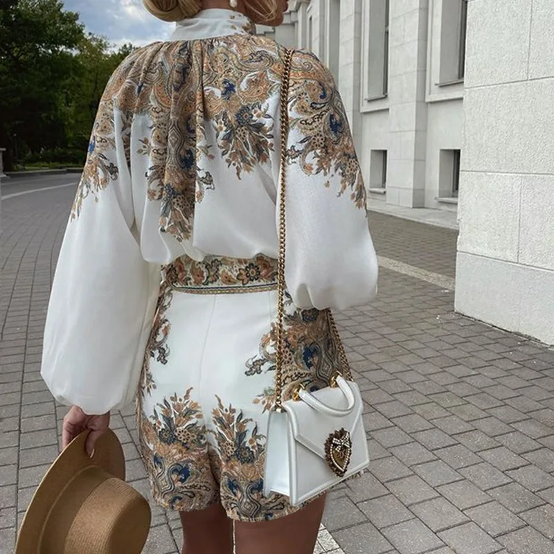 Etnička Moderan Vintage košulja s ovratnikom-otpornog i gumbe s po cijeloj površini + Trendi kratke hlače s džepovima Odijela Jesen Nove Ženske dugi rukav Komplet od 2 predmeta Slika  3