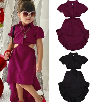 2020-12-19 Lioraitiin 2-6T Monotone haljina za djevojčice 3 boje kratkih rukava s выдолбленной struka Asimetrični stil do koljena Večernja haljina