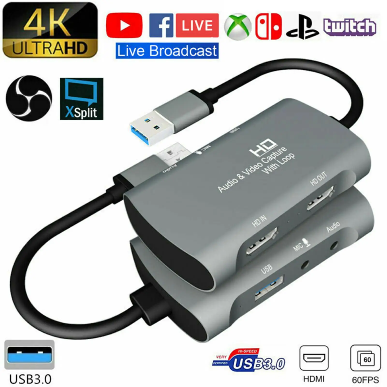Type-C Dual kartica za snimanje videa 4K 1080P 60 Fps USB3.0PS4 XBOX Prekidač Igre Audio-video uživo na laptop Macbook Slika  0
