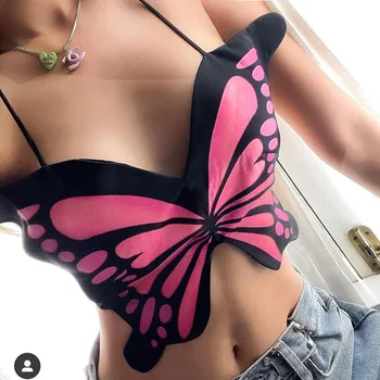 Shestyle Plava pink leptir Skraćeni vrhovima Ženske asimetrični V-oblika izrez bez rukava s otvorenim leđima 2021 Novi dizajn Majice Moderan seksi