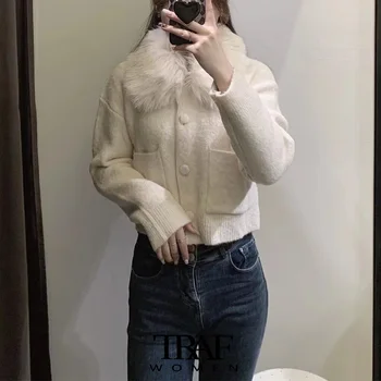 TRAF Za Ženska moda Izmjenjivi ovratnik od umjetnog krzna Pletene kardigan Džemper Vintage Džepa s dugim rukavima Ženska gornja odjeća Šik vrhovima