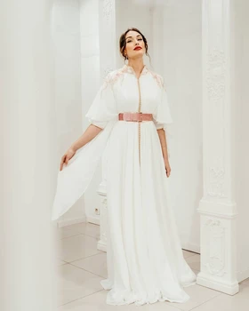 Bijeli Elegantni Marokanski Kaftan kratkih rukava Večernja haljina trapeznog oblika Dužine do poda Ljetna haljina Plus Size Dubai večernji ogrtač