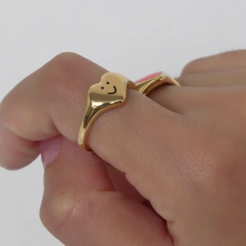 Modni Nakit Emajl jednobojnu Smajlić Slatka Prsten Vodootporan Odgovarajuće Srčani Prstenovi Od Nehrđajućeg Čelika Zlatne Srčani Prstenovi Za žene