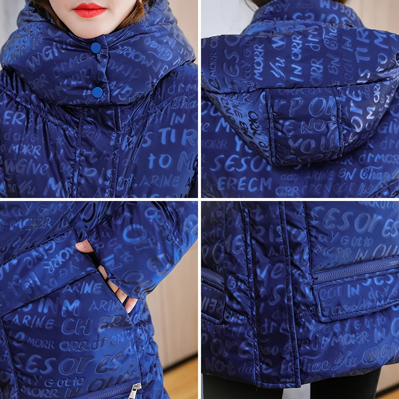 Ženska duga zimska jakna s kapuljačom sa буквенным po cijeloj površini, ženske svakodnevne parkovi, džepovima sa pamučnom postavom, apsolutno kaput za žene odjeća 2021 Slika  1