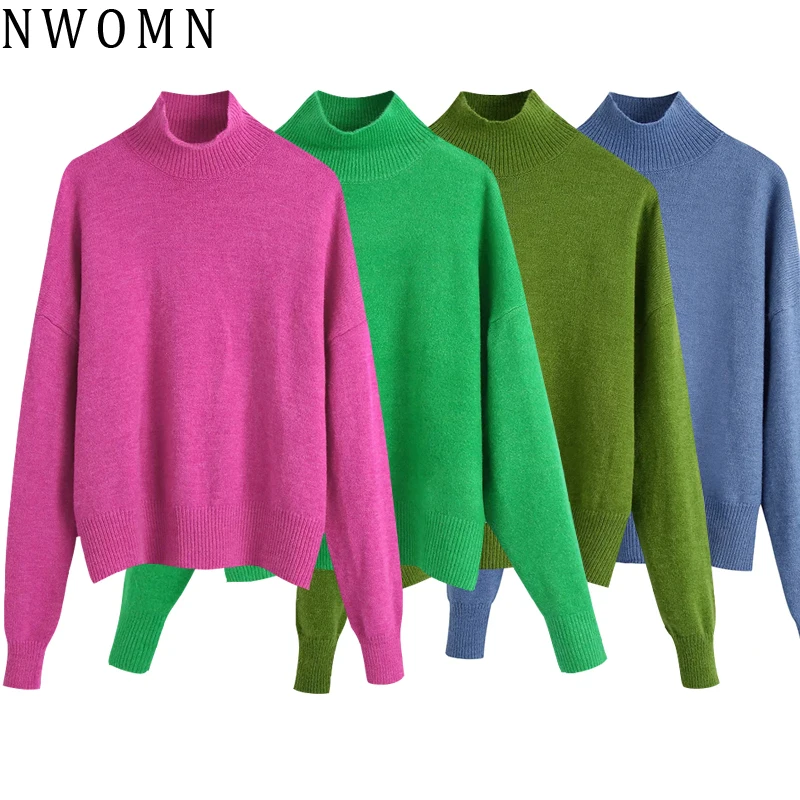 NWOMN Za 2021 Ženski pulover s visokim воротом pletene ženski džemper, pulover Ženski zeleni Top dugi rukav Jesen osnovne vintage džemper Slika  2
