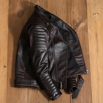 2021 Vintage smeđa jakna od prave kože za muškarce u američkom мотоциклетном stilu Plus Size 5XL Prirodni štavljena goveđa koža Осеннее kaput Slim Fit