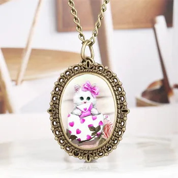 Slatka Slatka džepni sat s likom mačke Ovalni Mali Veličina Elegantan ženski sat sa ogrlicom od Privjesak 2019 Novi Modni satovi Pokloni