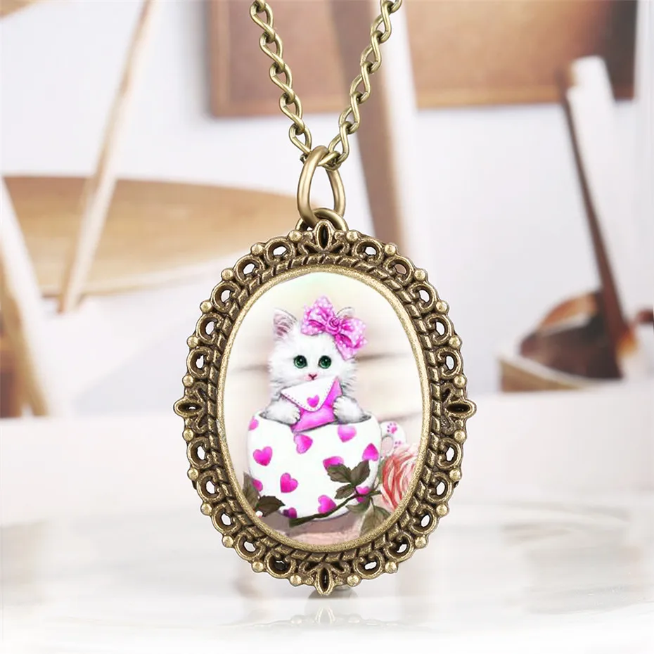 Slatka Slatka džepni sat s likom mačke Ovalni Mali Veličina Elegantan ženski sat sa ogrlicom od Privjesak 2019 Novi Modni satovi Pokloni Slika  0