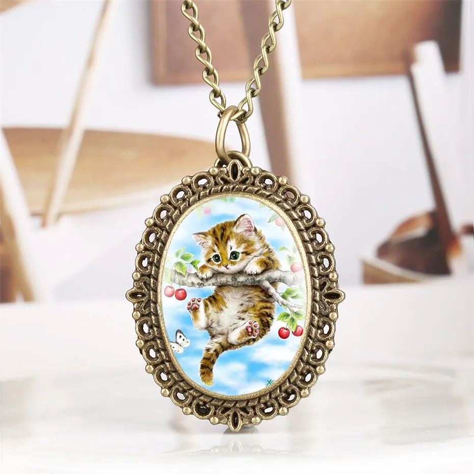 Slatka Slatka džepni sat s likom mačke Ovalni Mali Veličina Elegantan ženski sat sa ogrlicom od Privjesak 2019 Novi Modni satovi Pokloni Slika  2