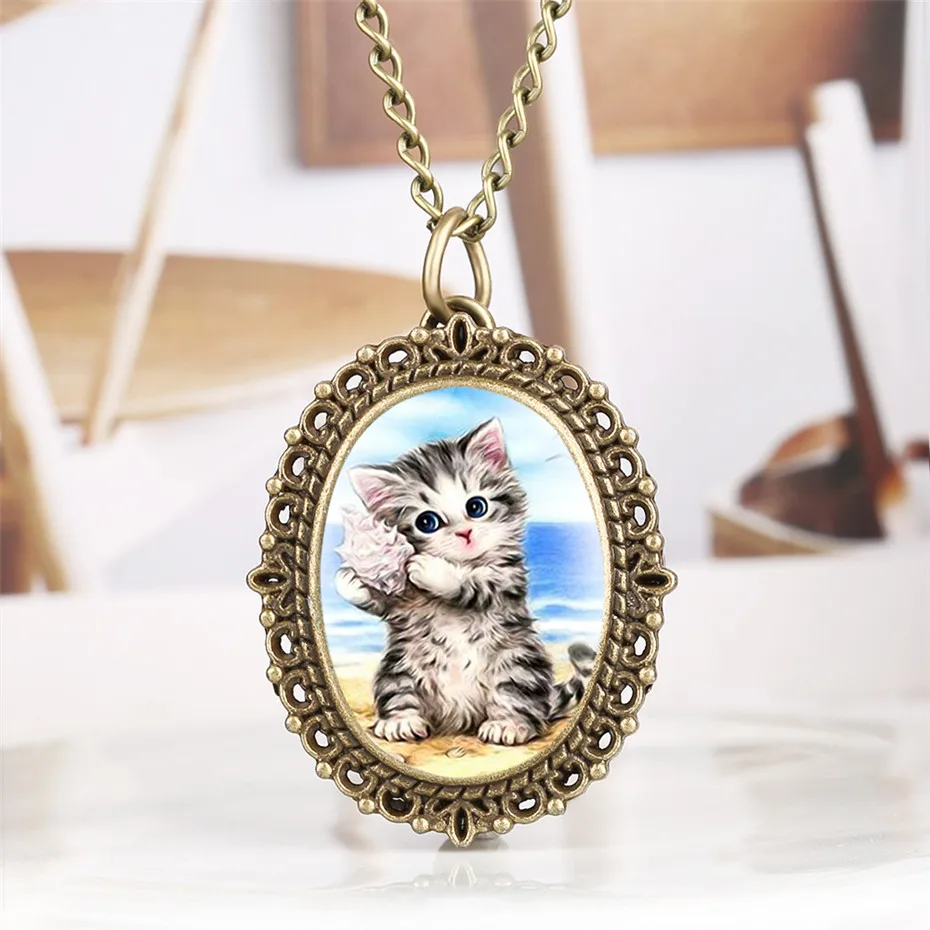 Slatka Slatka džepni sat s likom mačke Ovalni Mali Veličina Elegantan ženski sat sa ogrlicom od Privjesak 2019 Novi Modni satovi Pokloni Slika  4