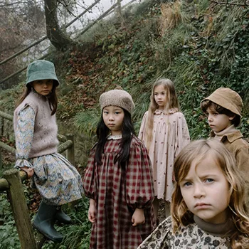 Dječji kariranih haljine za djevojčice u vintage stilu BEBE Visoko kvalitetne Dječje odijelo sa dugim rukavima Haljina za jesen i zimu