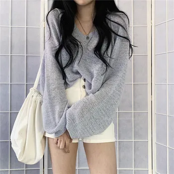 Ženski pulover s V-izrez i dugi rukav Kukičane veste Slobodan ravnici slatka djevojka u korejskom Elegantan stil moda Sve je utakmica Casual Šik