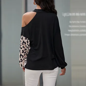 2021 jesenski ženska majica okruglog izreza i dugi rukav леопардовым po cijeloj površini s otvorenim ramenima ženske majice