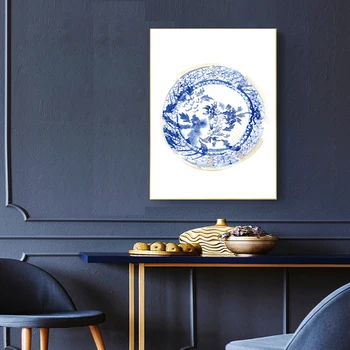 Plavo - bijele Porculanske Vaze Tanjur Platnu Slikarstvo Minimalizam Cvijeće, Ptice Plakat i Print Kineski Stil Zid Doma Dekor
