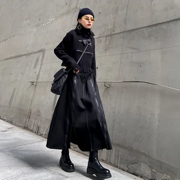 Jesen Zima Ženske suknje Midi Plus Size Black lightning Split Dizajn trapeznog oblika Elastična visokim strukom Nepravilnog Modne haljine