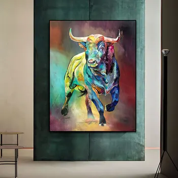 Sažetak Šarene Slike na platnu s likom bika na zidu Umjetnički plakat i grafike Moderne slike sa životinjama za dnevni boravak Kućni dekor