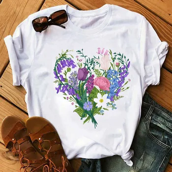 Lijepa ljubičasta cvjetni print Ženski top Svakodnevni ženska t-shirt s cvijećem Ženski top s okruglog izreza Crna ženska majica